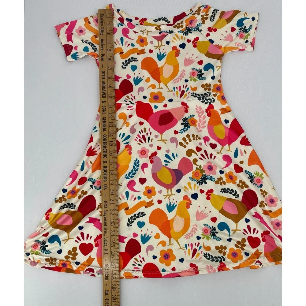 Girls Chicken Rooster Floral Dress Youth 9-10 Cottagecore Short Sleeve Twirl